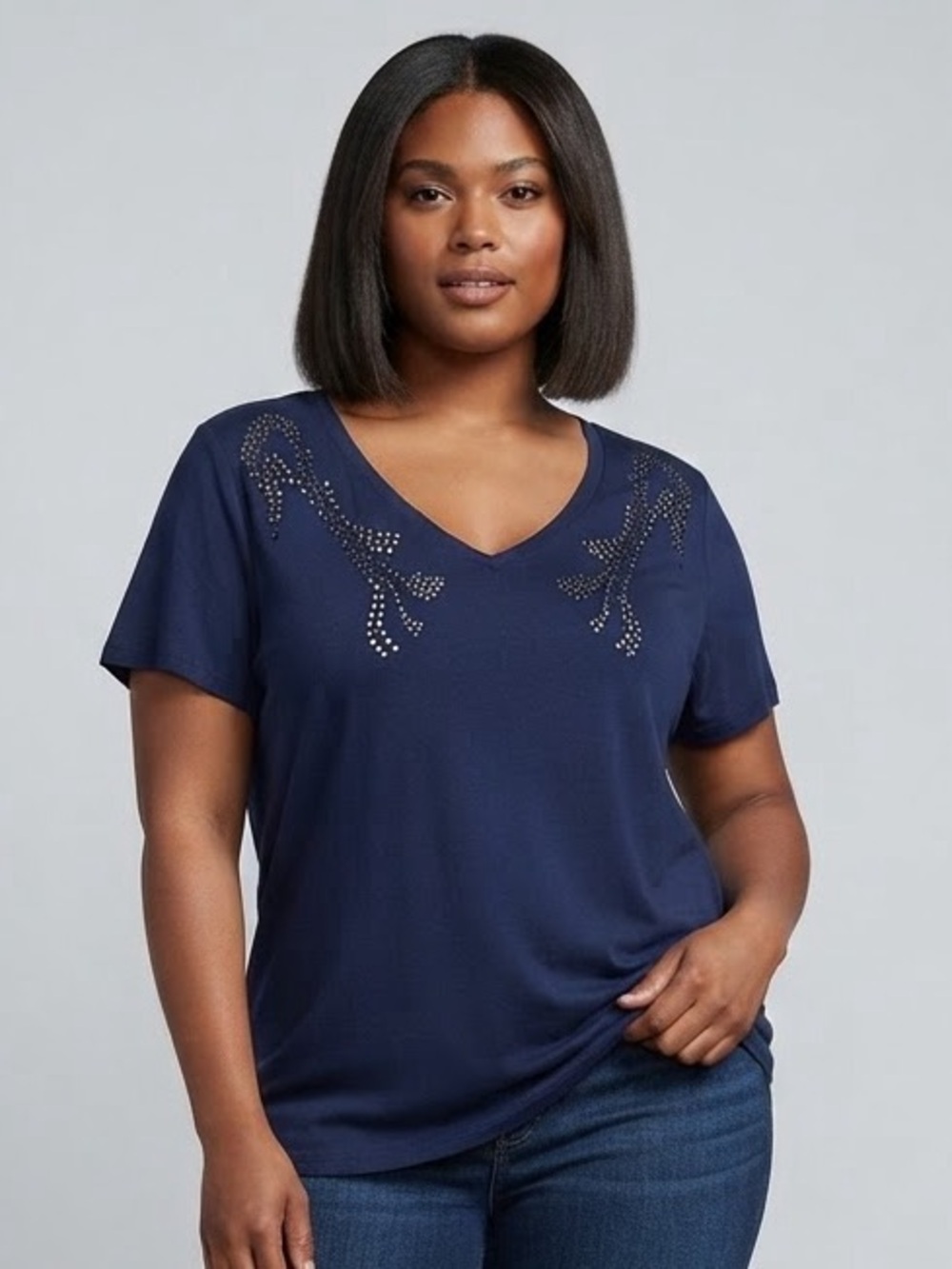 I JEANS BY BUFFALO Embellished Short Sleeve Top L 20.5” P2P Indigo $36 NWT